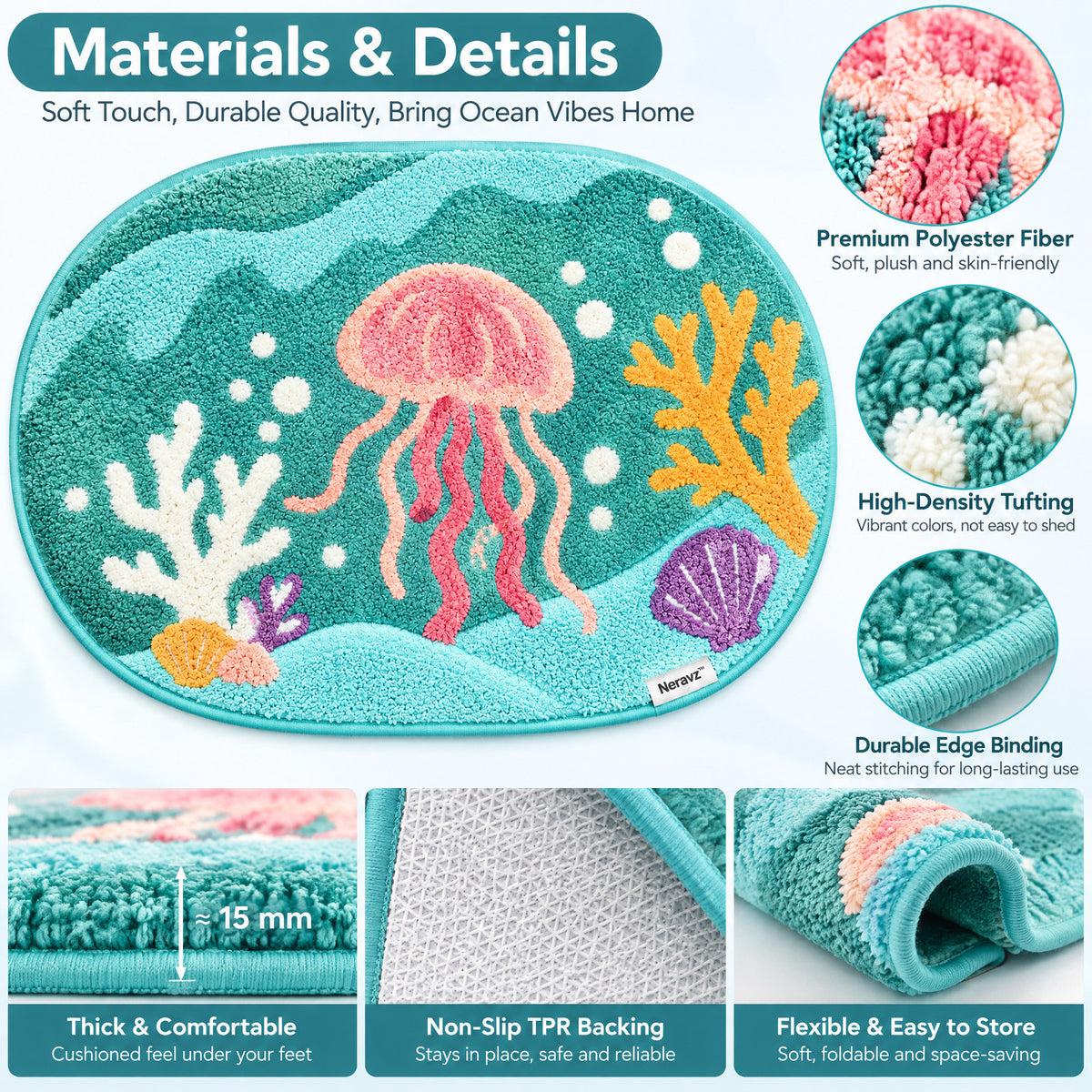 Neravz™ Seafoam Jellyfish Ocean Tufted Accent Rug gallery 3
